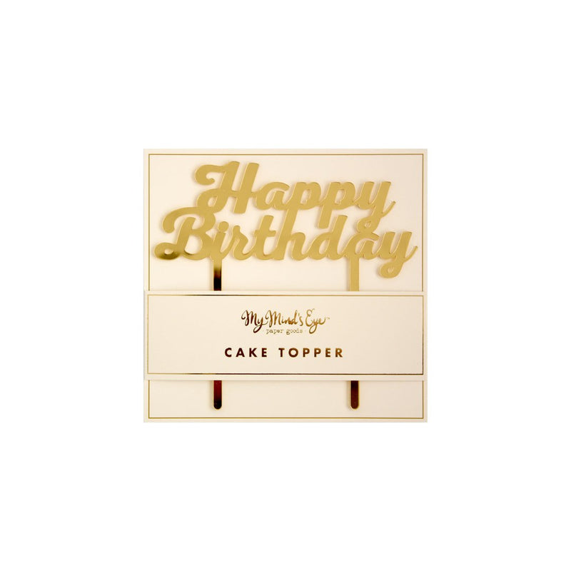 Packaged gold acrylic happy birthday cake topper