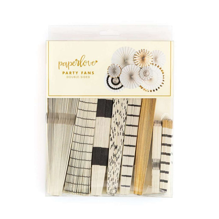 A package of a set of elegant paper fans with black, cream, and gold patterns in varying sizes and print patterns.