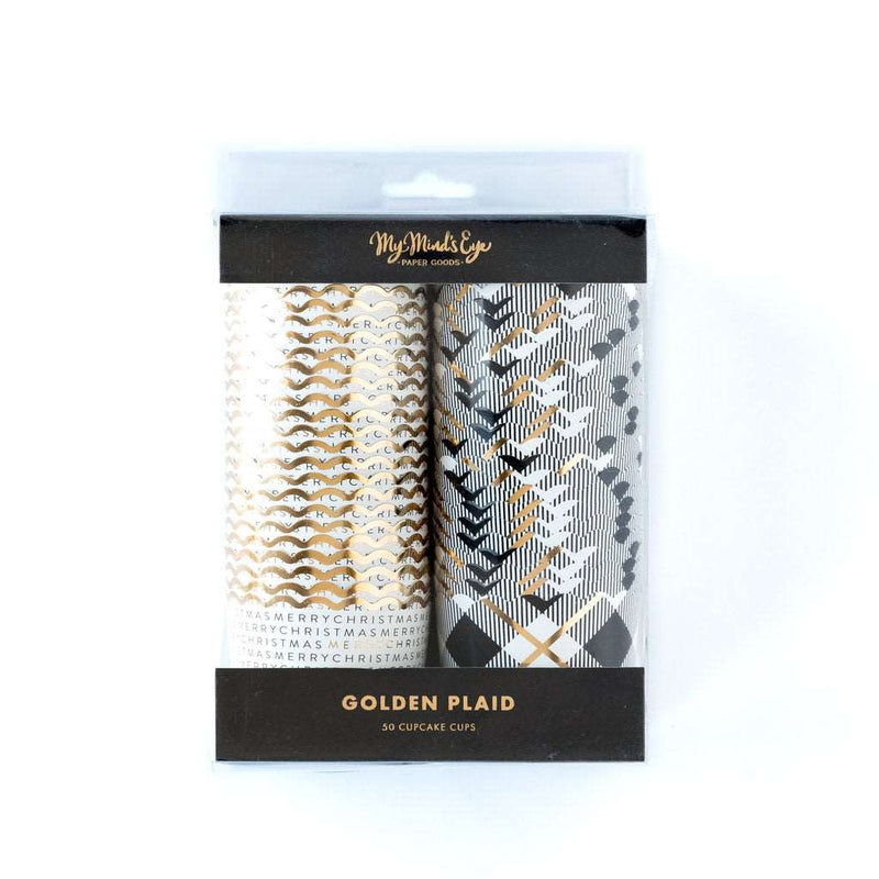 A picture of a package of black, white and gold printed plaid patterned cupcake-treat cups and white cupcake-treat cup with the words "merry christmas" repeated in multiple lines around the cup in black and gold print. 
