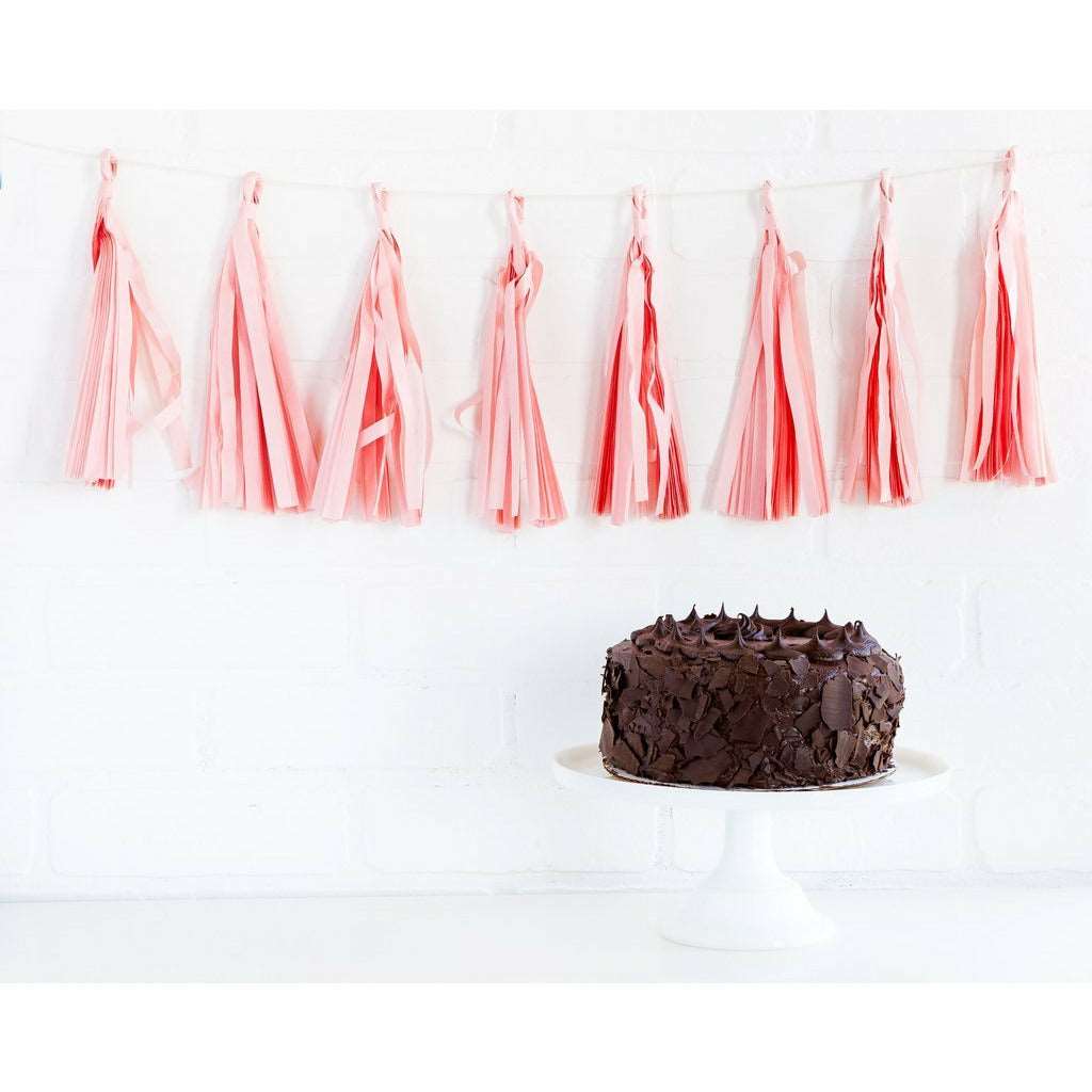 Blush pink tassel style Banner above a chocolate cake on a white cake stand
