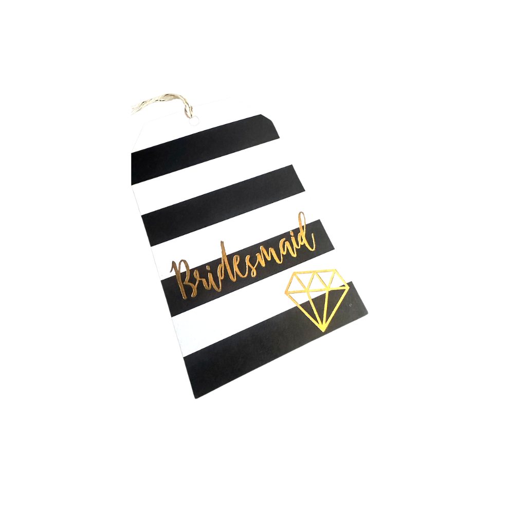 Black and white striped gift tag with gold foil printed Bridesmaid and a sketch of a ring