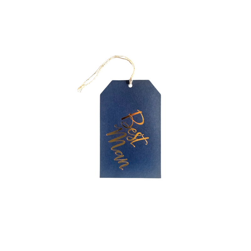 Navy blue textured gift tag with cream twine and gold foil printed  "Best Man"