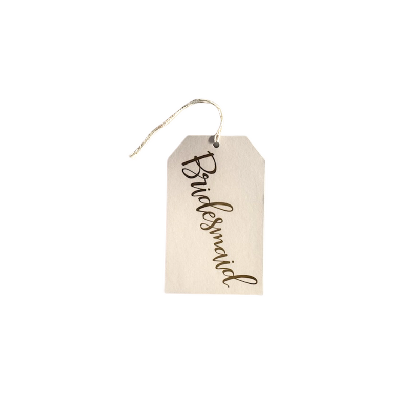 Cream textured gift tag with cream twine and gold foil printed  "bridesmaid"