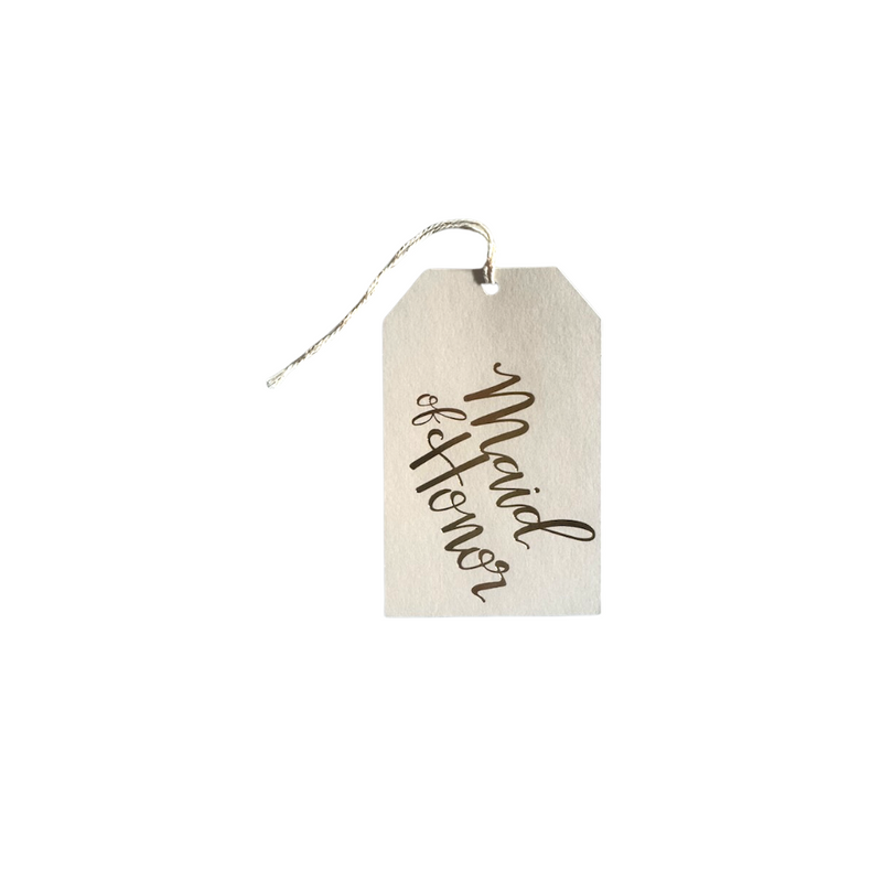 Cream textured gift tag with cream twine and gold foil printed  "Maid of Honor"