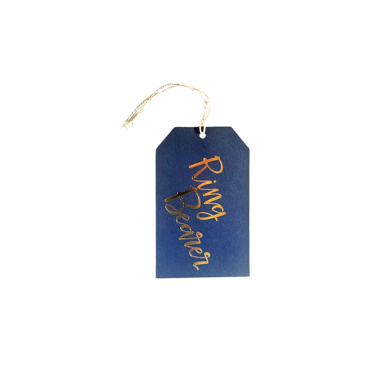 Navy blue textured gift tag with cream twine and gold foil printed  "Ring Bearer"