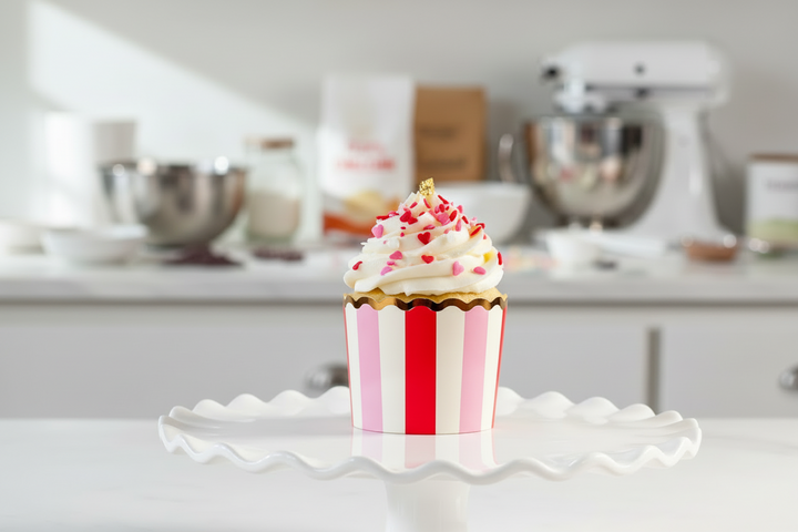 Striped cupcake cup on a white cake stand with a kitchen background