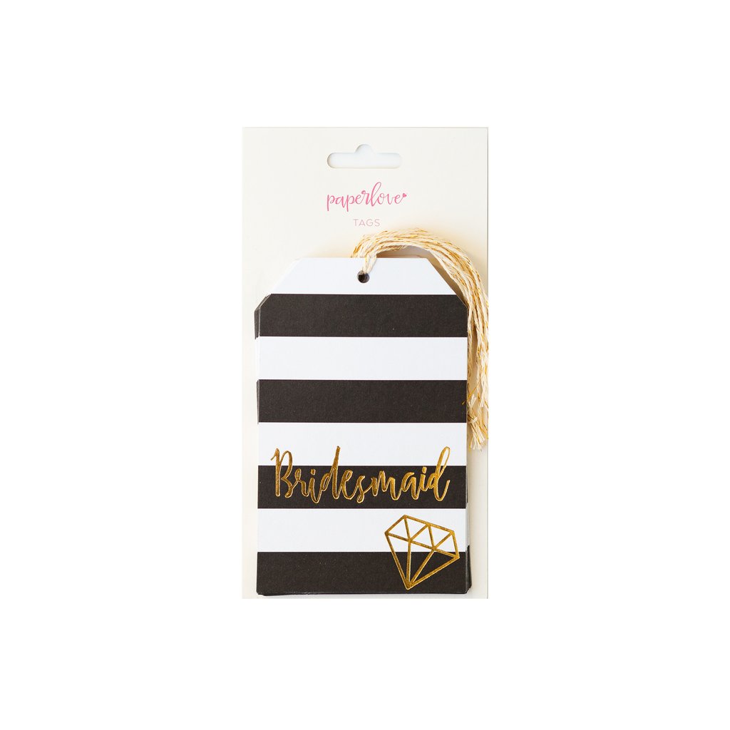 Package of black and white striped gift tags that say Bridesmaid with a sketch of a ring in gold foil print. the brand name is paper love printed in pink color.