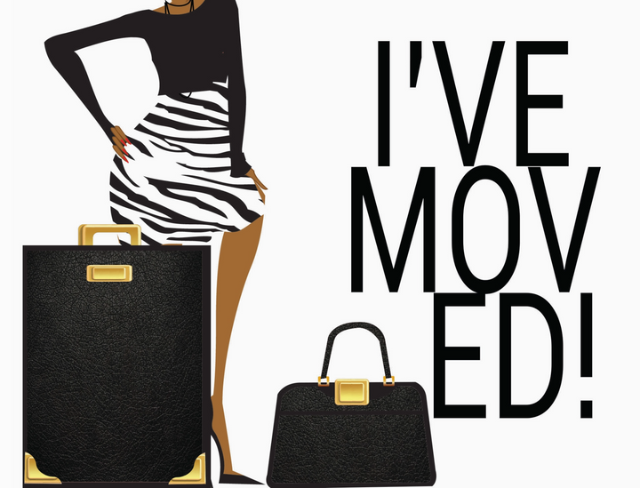 A postcard with two black and gold luggage bags with a silhouette of a person wearing a zebra-striped skirt and black top, and text &