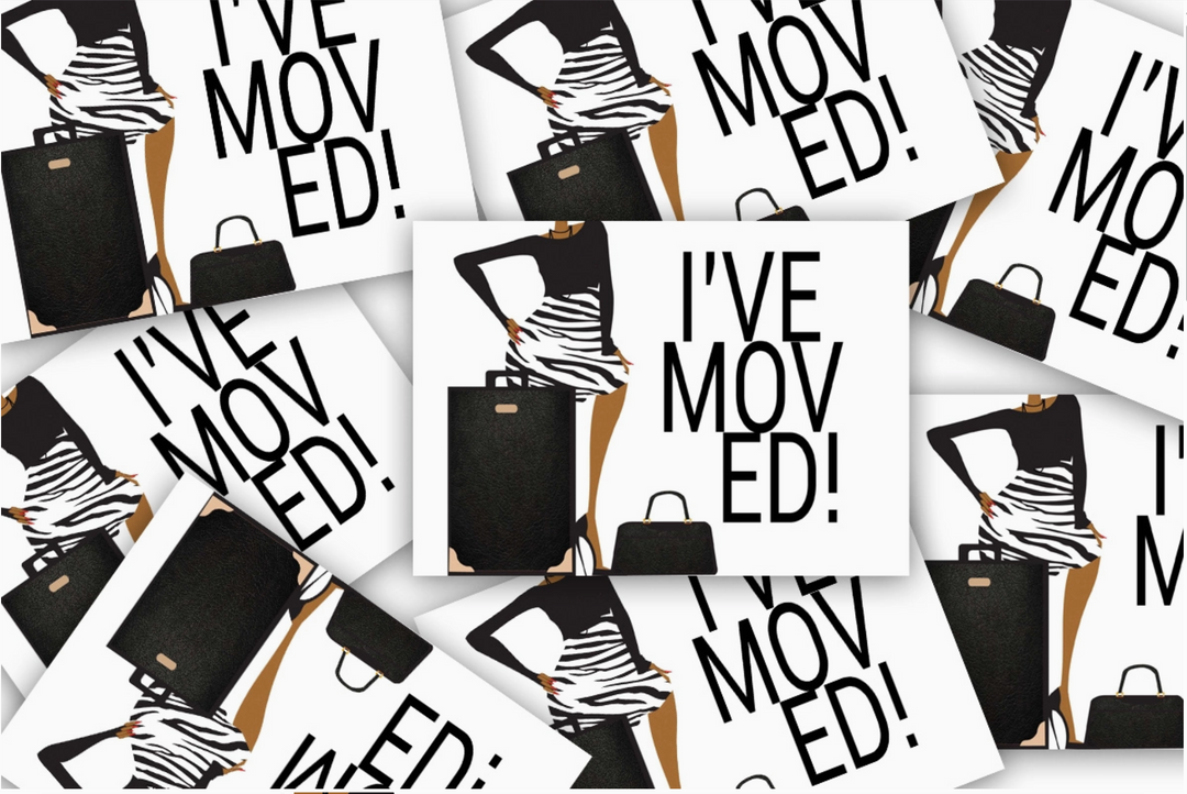 Multiple postcards with two black and gold luggage bags with a silhouette of a woman wearing a zebra-striped skirt and black top, and text &