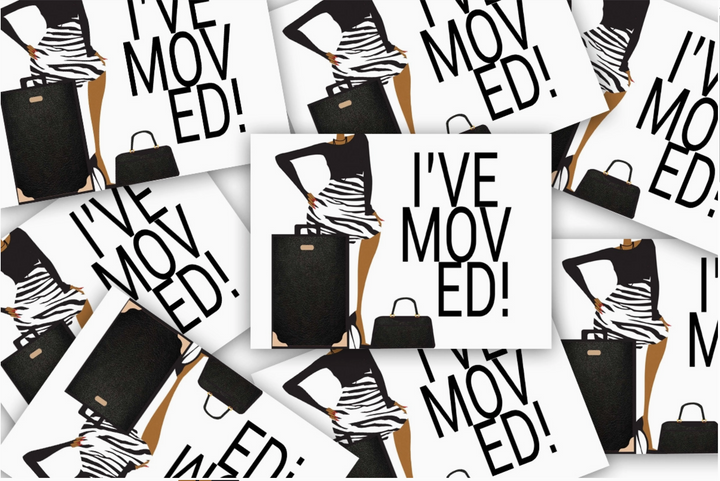 Multiple postcards with two black and gold luggage bags with a silhouette of a woman wearing a zebra-striped skirt and black top, and text &