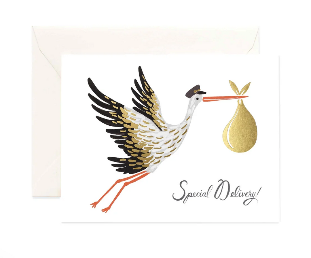 A greeting card with an illustration of a stork with a mailman&