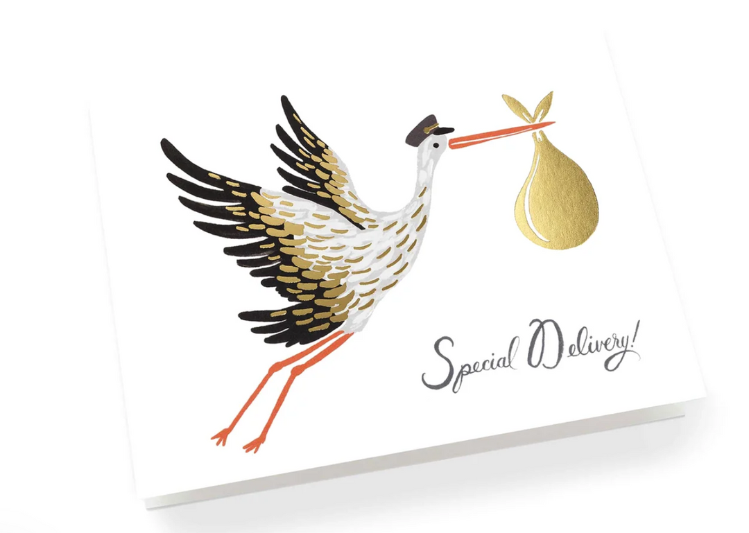 A greeting card with an illustration of a stork with a mailman&