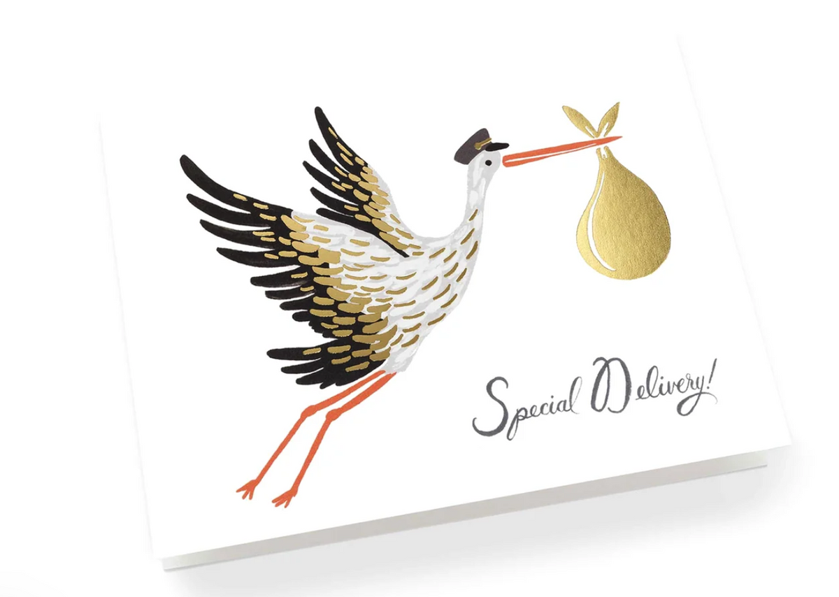 A greeting card with an illustration of a stork with a mailman's cap on delivering a golden package, accompanied by the text 'Special Delivery!' in a script font.