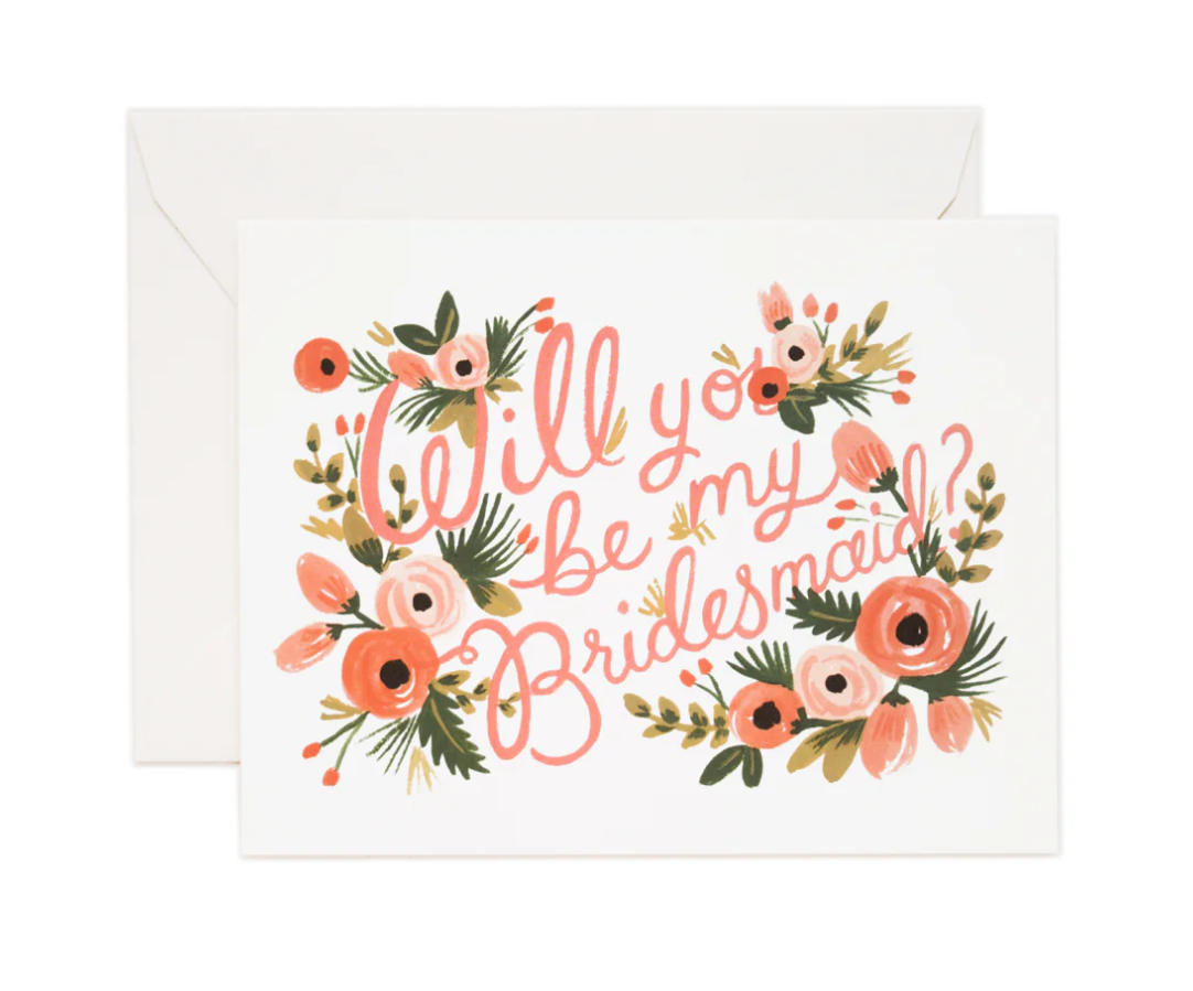Cream greeting card with multi-color floral design and text 'Will you be my bridesmaid?' with cream envelope