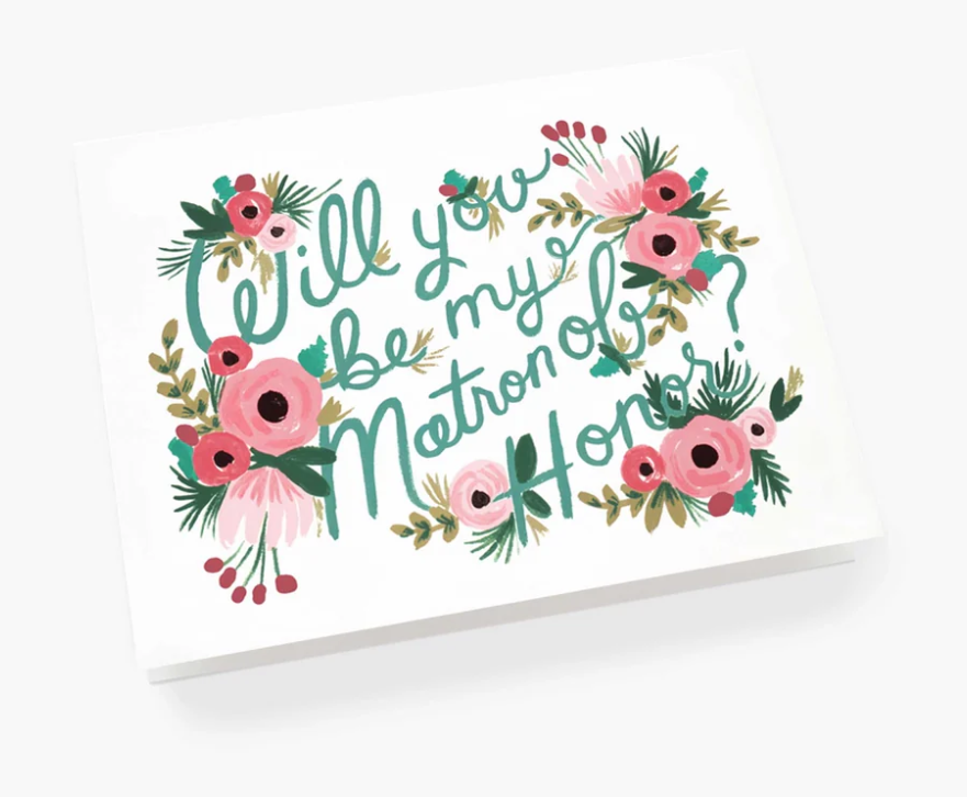 Cream greeting card with floral design and text 'Will you be my flower girl?'
