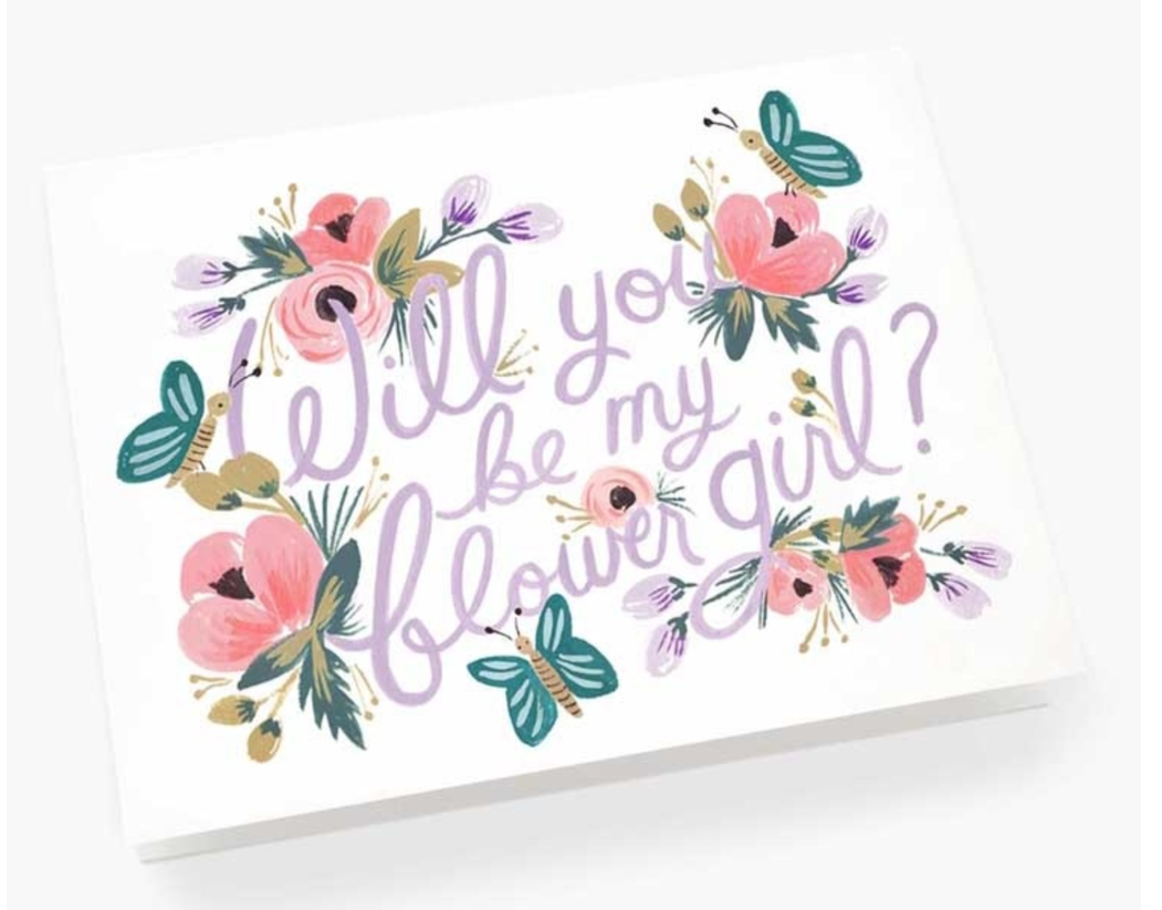 Cream greeting card with floral and butterfly design and text 'Will you be my flower girl?'