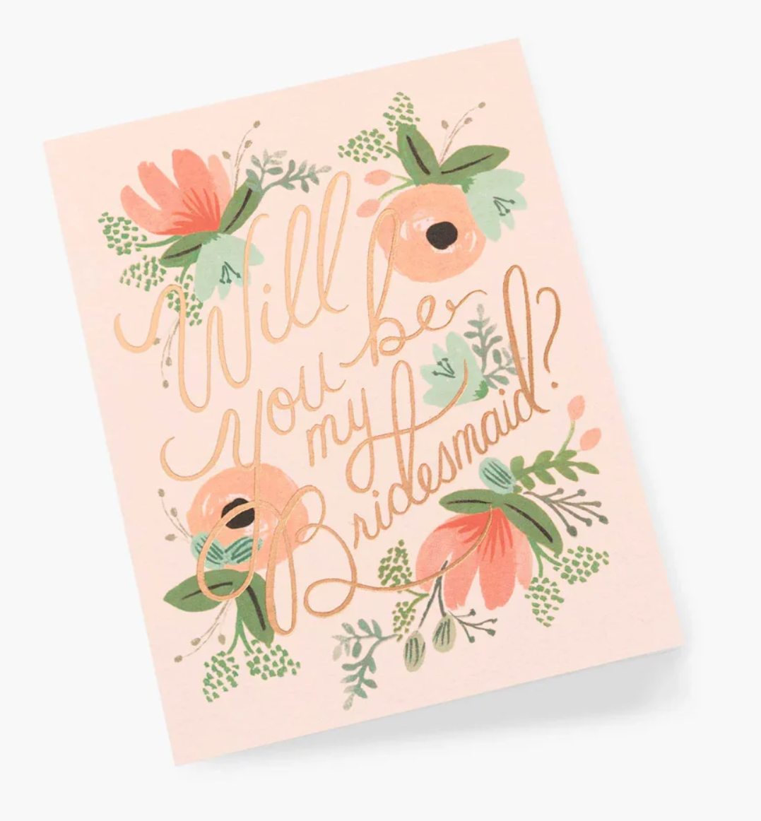 Coral-colored greeting card with multi-color floral design and text &