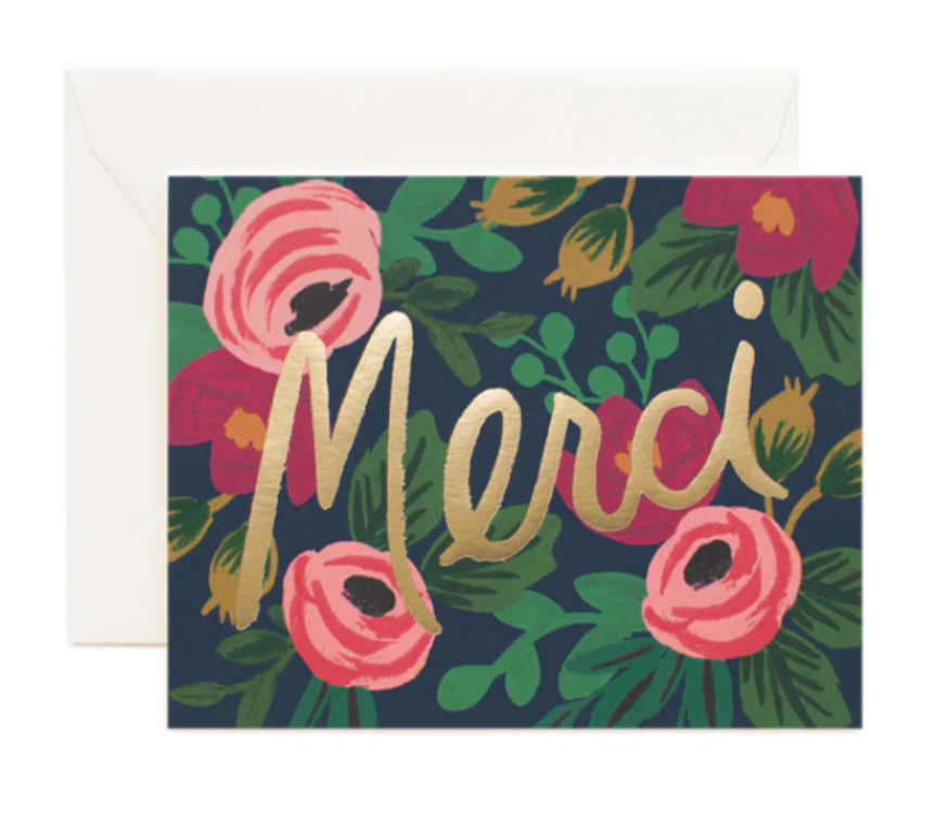 Navy-colored Greeting card with floral design and &