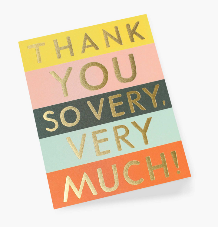 Yellow, blush, black, sage, and orange striped greeting card with large gold foil text that reads "thank you so very, very much!"