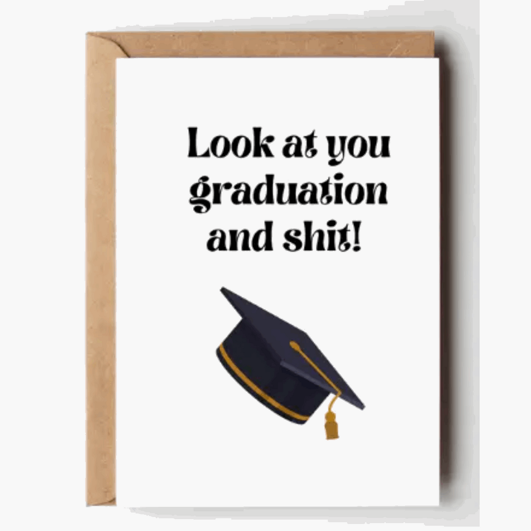 A greeting card with a graduation cap and the text &