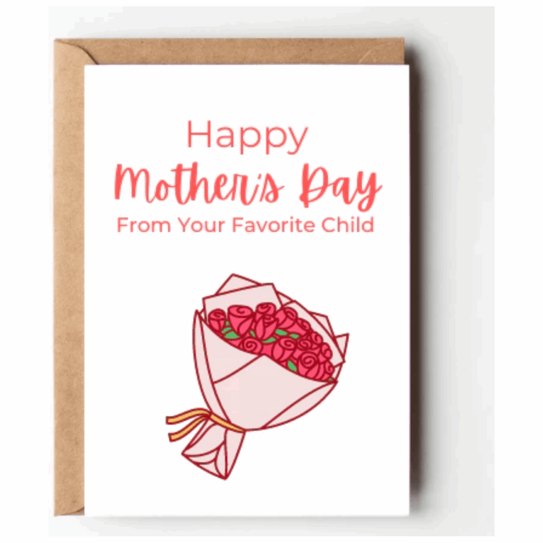 A greeting card with a white background featuring a pink rose bouquet and pink text that reads "Happy Mother&