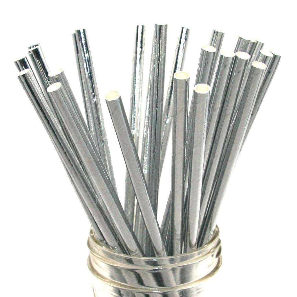 An image of silver foil paper straws in a glass mason style jar