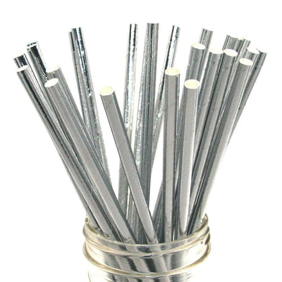 An image of silver foil paper straws in a glass mason style jar