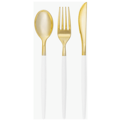 White and Gold Plastic Cutlery Set-32pc