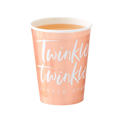 rose gold foil paper cup with white script font that reads Twinkle Twinkle and a regular font that reads little star against a white background