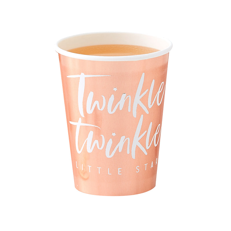 rose gold foil paper cup with white script font that reads Twinkle Twinkle and a regular font that reads little star against a white background