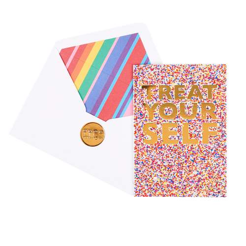 Greeting card featuring an all-over rainbow sprinkle design and gold-foil text reading &