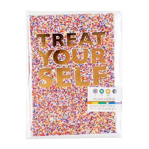 Packaged colorful greeting card with the text "Treat Yourself" in gold foil print