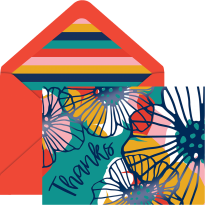 Teal greeting card with all-over colorful floral illustrations and the text "thanks" in a script font paired with a vibrant orange envelope with a rainbow striped liner