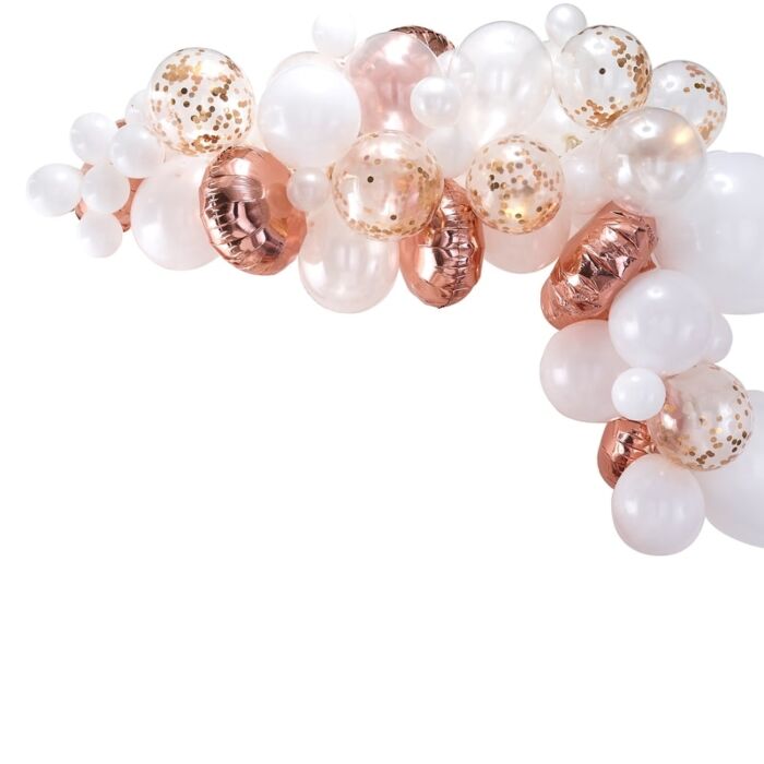 A rose gold, matte white, pearl white, and clear with rose gold confetti-filled balloon arch in varying sizes.