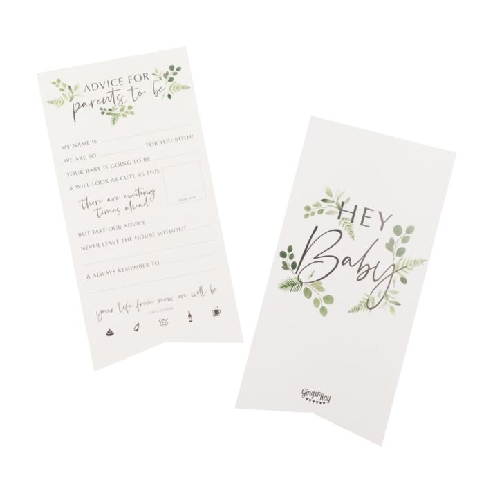White advice card for new parents with a white background and green botanical illustrations showing the front and back sides.