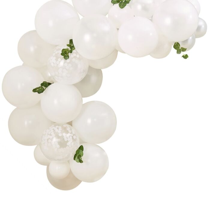 A balloon arch arrangement featuring solid white and clear white confetti-filled balloons with eucalyptus foliage accents.