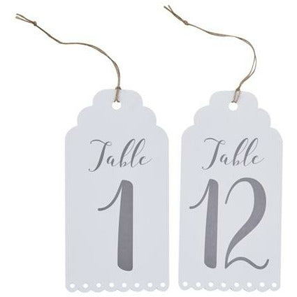 two white table number card with scalled eyelet detail at bottom edge, grey printed table numbers, and twine for hanging.