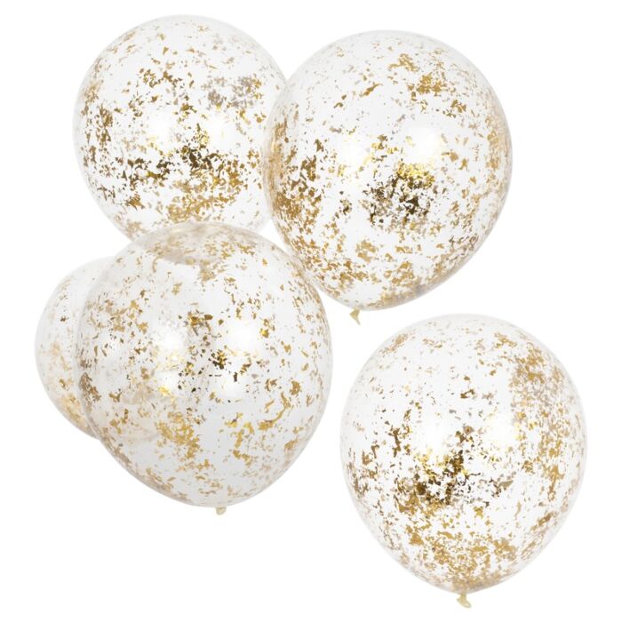A set of gold confetti-filled clear balloons against a white background.