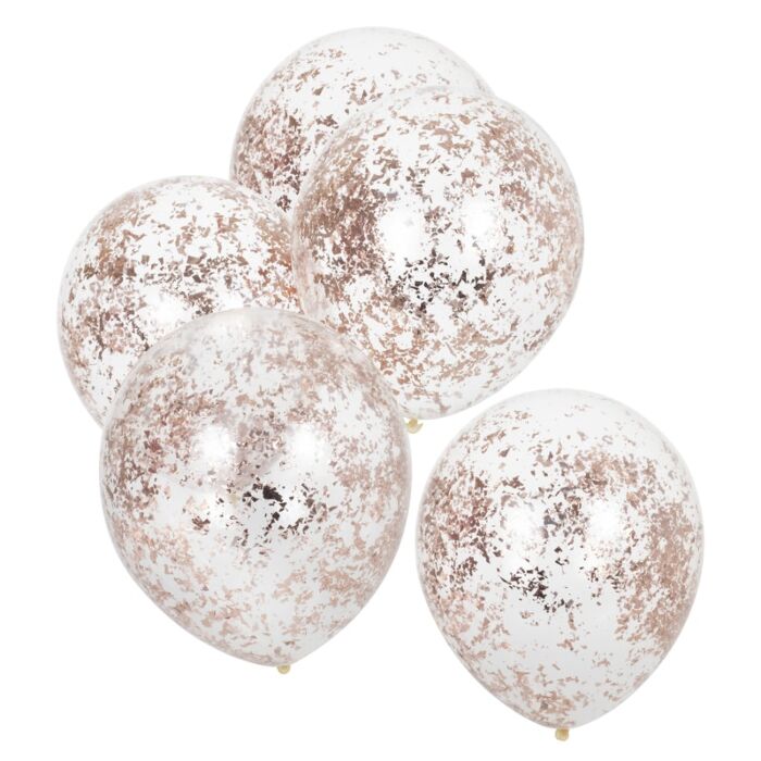 A set of rose gold confetti-filled clear balloons against a white background.