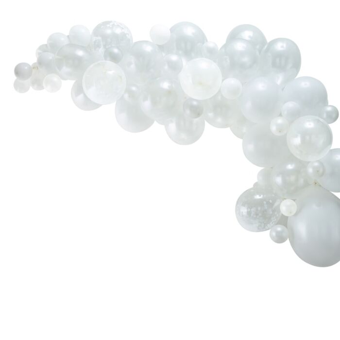 A white balloon arch arranged with various-sized and finished balloons.