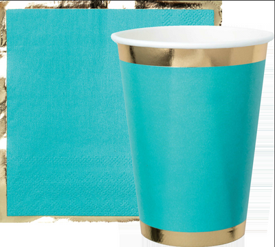 teal blue paper cup with gold foil borders and a teal blue paper napkin with gold foil borders against a white background