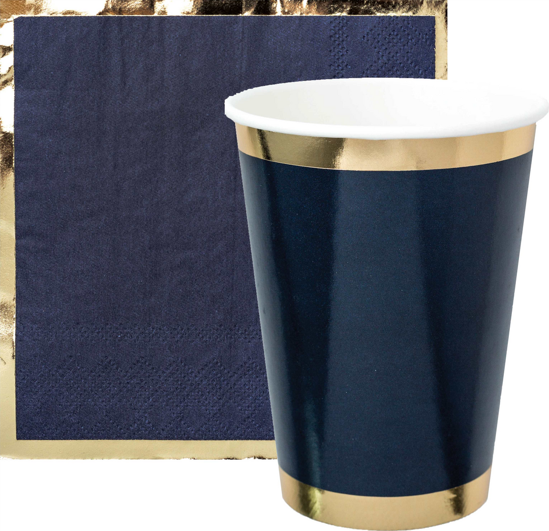 Navy blue paper cup and napkin with gold foil borders
