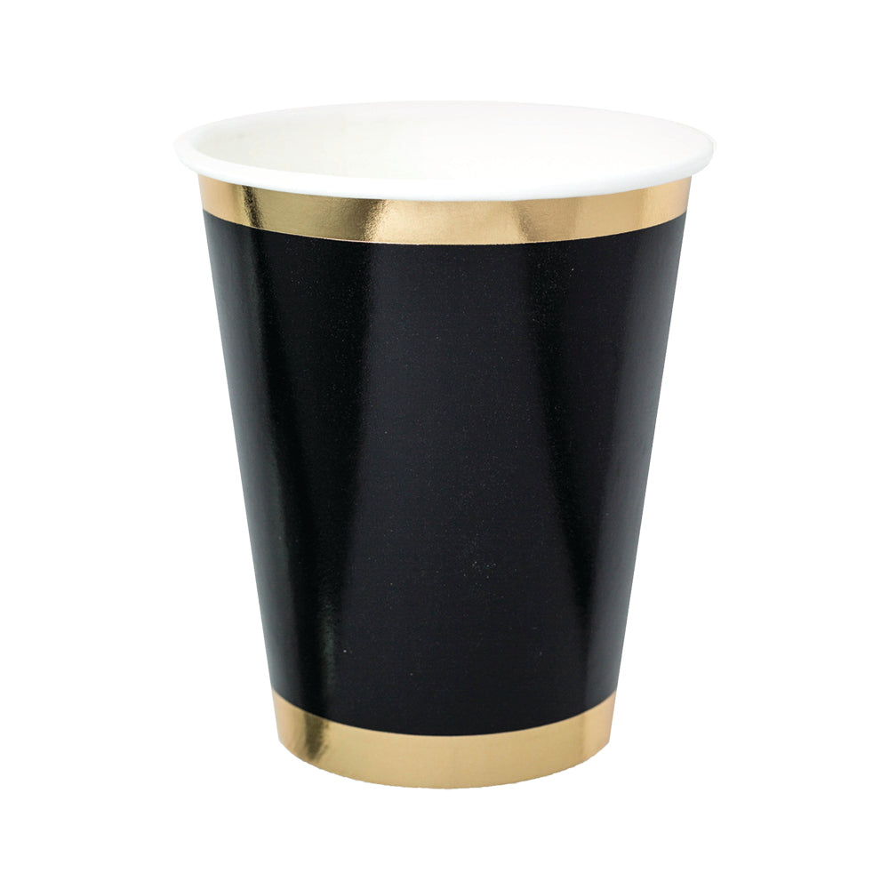 A 12 oz paper cup with black color and gold foil printed borders.