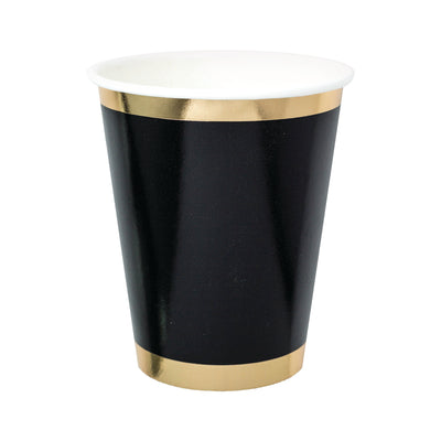 A 12 oz paper cup with black color and gold foil printed borders.