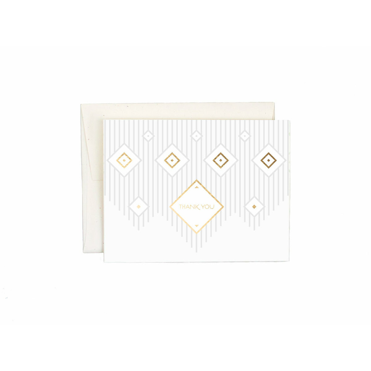 White greeting card with a macramé-inspired geometric design and text that reads "Thank you" with a white envelope