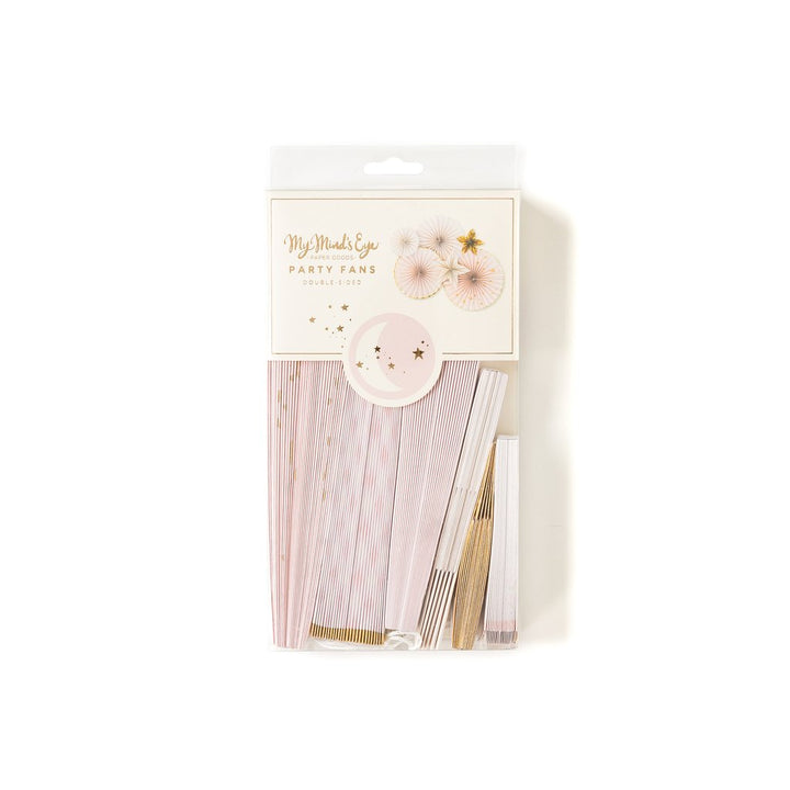 Package of a set of pink, white, and gold party fans of different sizes, intended for decorative purposes.