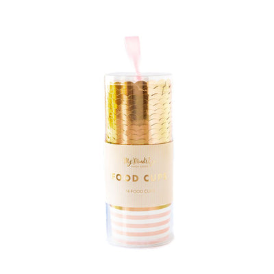Picture of a package of pink treat cups with white stripes and a gold foil rim.