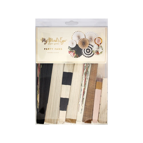 a package of decorative paper fans with various patterns, including floral, polka dots, and stripes, in shades of white, gold, black, red, pink, yellow, and green.