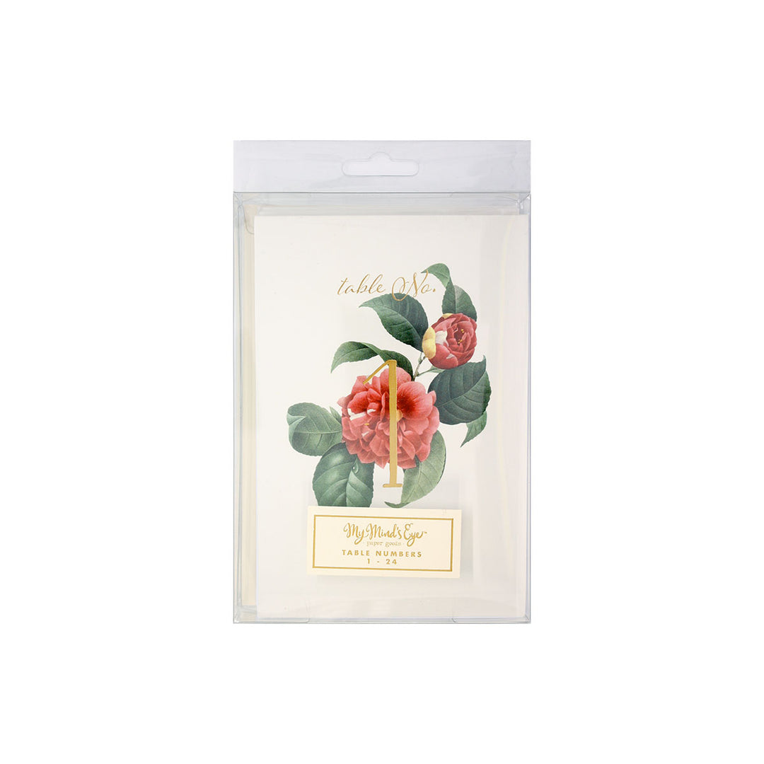 Package of folded tent style table number cards with gold foil accents and a floral print.
