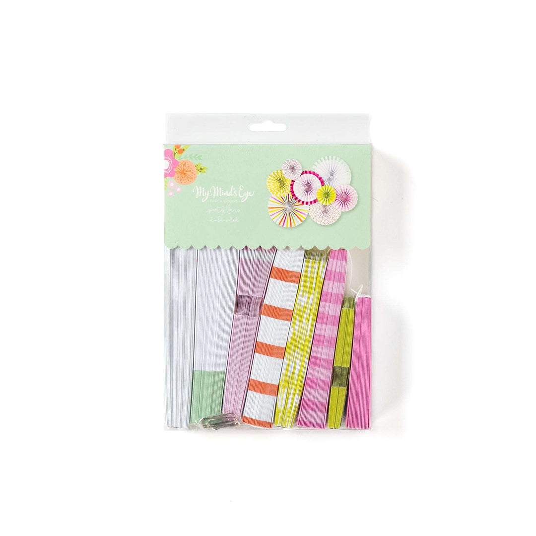Packaged collection of colorful paper fans in varying pastel and neon patterns in different sizes.